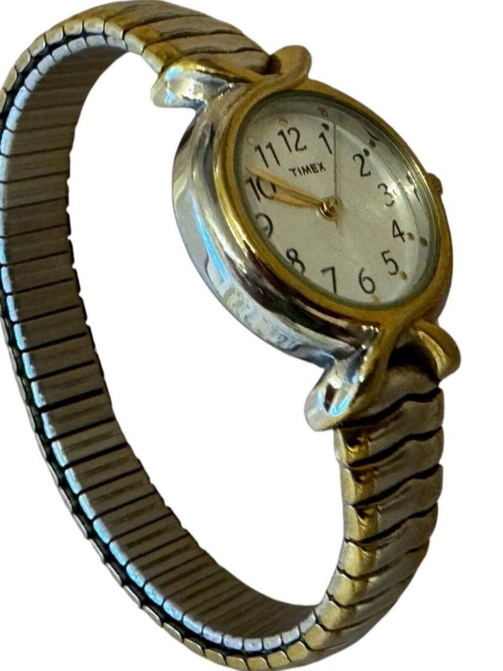🩶VTG 80s Timex Women’s Gold Silver Two Tone Stretchy Minimalist Bracelet Watch
